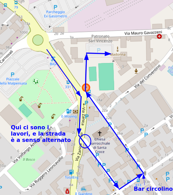 Recommended route for those arriving by car from the Malpensata roundabout