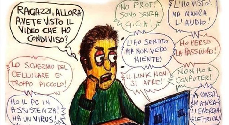 Vignetta di un docente in didattica a distanza